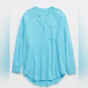 Aerie Blue Cotton Gauzy Button-Down Coverup Shirt - Medium– Oversized Top